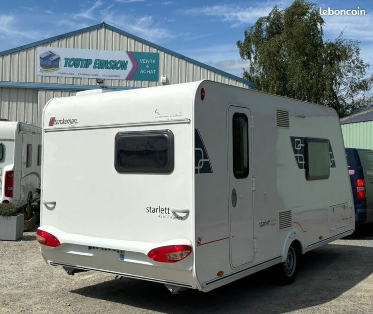 Sterckeman starlett 455 cp – 2015 – grand lit central 160 cm – ptac 1 200 kg – auvent – grand frigo trimix